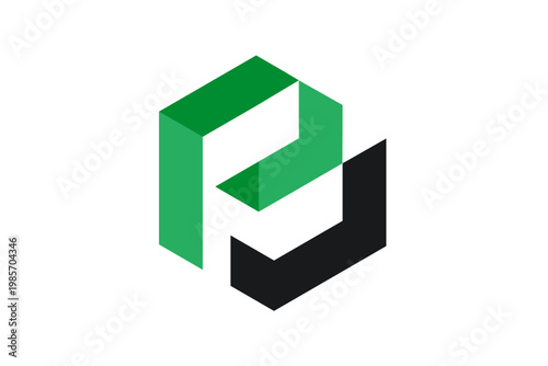abstract initial PJ Green and black 3D logo symbol.