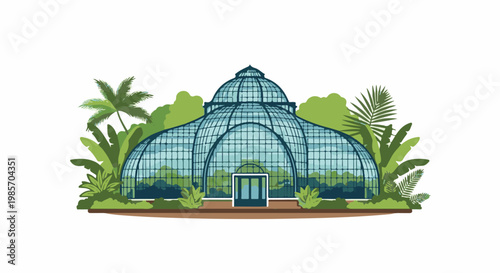A grand glass dome structure surrounded by lush, diverse greenery
