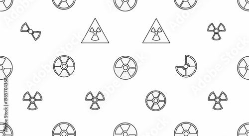 A repetitive pattern of radiation hazard symbols and nuclear energy icons