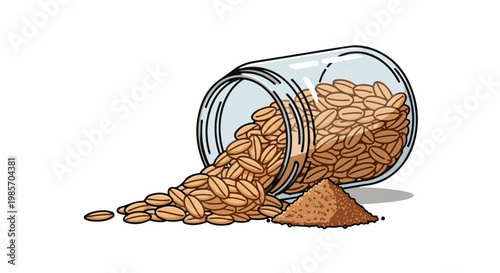 A glass jar tipped over, spilling many oval grains onto a white surface