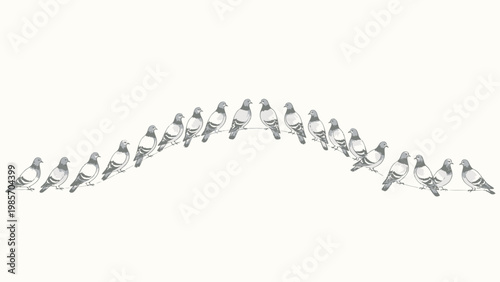 Twenty Hand-Illustrated Domestic Pigeons Perched in a Gentle Arcing Line Along a Thin Wire Against a Plain Soft Off-White Background, Minimalist Line Art Style