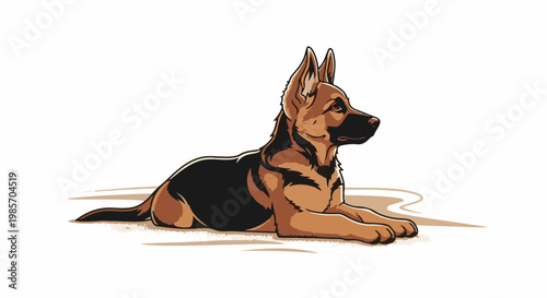 A German Shepherd dog lying down, facing right, with a sandy ground effect
