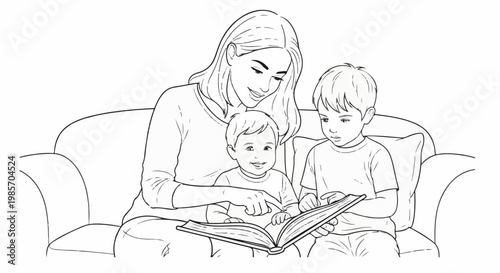 A gentle woman reads a book to two young children on a sofa