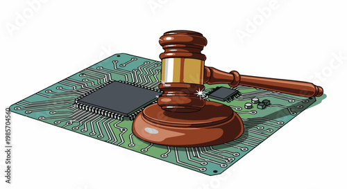 A gavel rests upon a green circuit board with chips