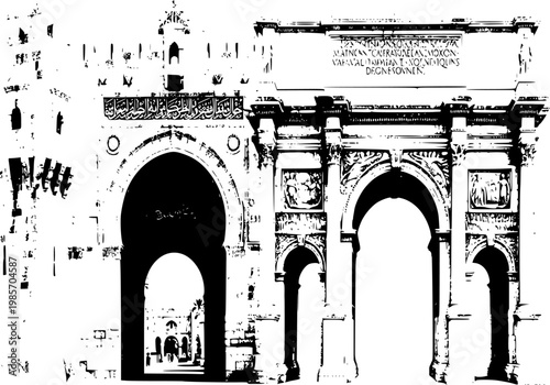 Bridging Cultures Silhouette: Combined Arched Gates of Jerusalem Vector, Intercultural Dialogue and Unity Concept Icon