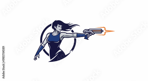 A futuristic woman in a blue outfit fires a gun with orange energy