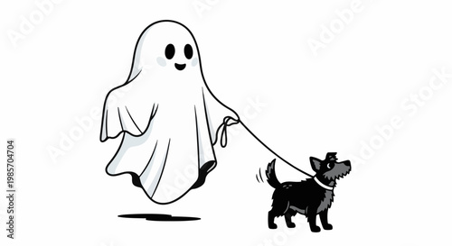 A friendly ghost is walking a happy black dog on a leash