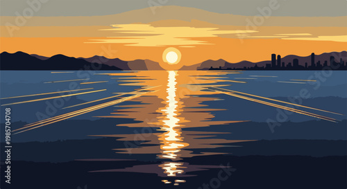 A pixelated sunset over a calm sea reflects glowing sunbeams toward distant hills and cityscape