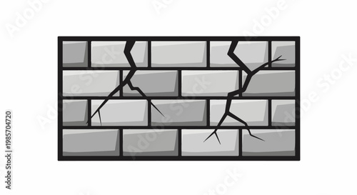 A gray brick wall with dark jagged cracks running across it