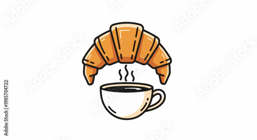 A freshly baked croissant sits above a steaming cup of coffee