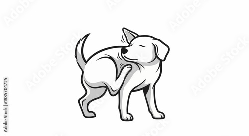 A simple black and white illustration of a dog scratching itself with its hind leg
