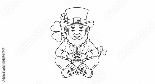 A leprechaun in a hat sits cross-legged holding a shamrock coin