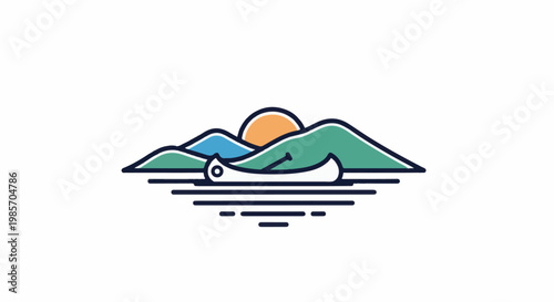 A minimalist canoe glides on water with mountains and sun behind