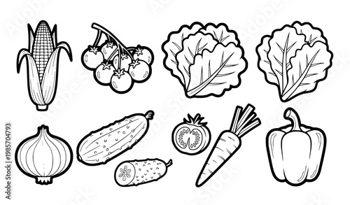 Vegetable salad set with corn cherry tomatoes and fresh produce outline vector illustration black and white