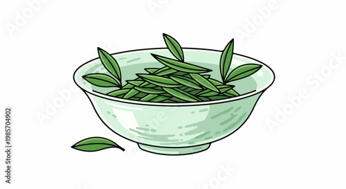 A light green bowl overflowing with fresh green tea leaves and a few loose leaves