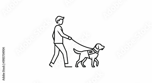 A person walks a dog on a leash, the dog wears a vest