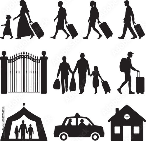 Diverse group of people in silhouette walking with luggage and children near a gate tent police car and building representing migration and displacement silhouette