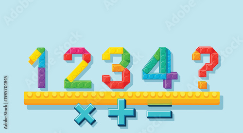 Colorful numbers from one to four and mathematical symbols constructed from plastic building blocks on a light blue background surface.