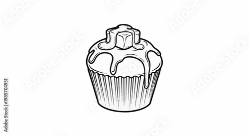 A line art drawing of a cupcake with frosting and a cube on top