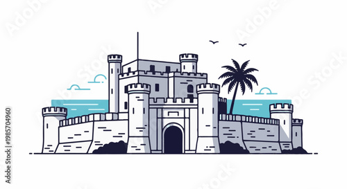 A minimalist illustration of a fortified coastal structure with a palm tree