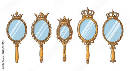 Set of five elegant golden hand mirrors featuring elaborate ornate frames and royal crowns on top for a luxury vintage aesthetic.