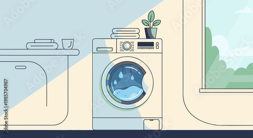A minimalist illustration of a washing machine filled with water and clothes inside