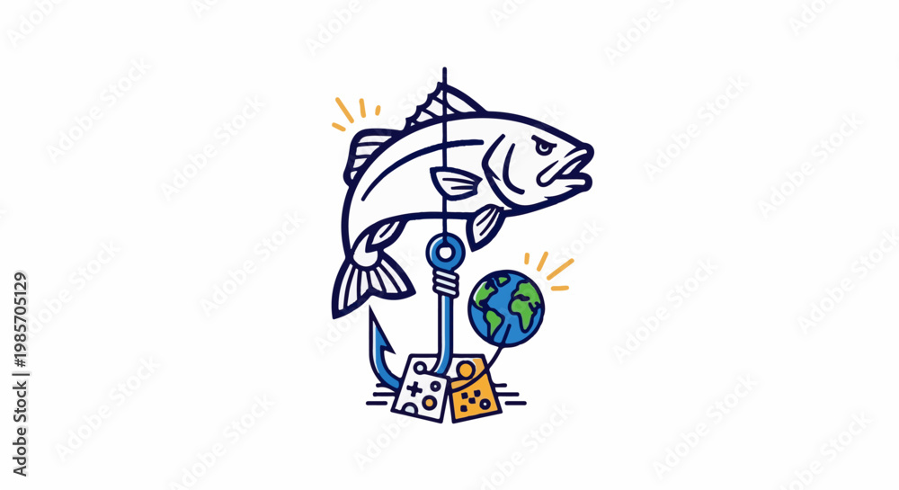 Fototapeta premium A fish caught on a hook with a globe and game controllers