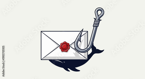 A fishing hook pierces a sealed letter, casting a whale shadow