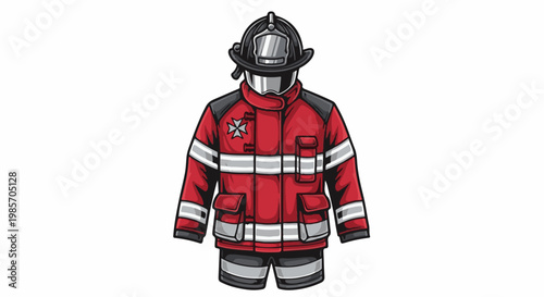 A firefighter's protective gear, including helmet and jacket, in red and silver tones
