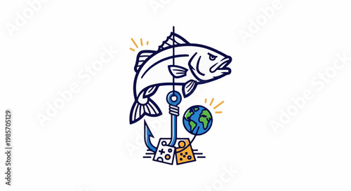 A fish caught on a hook with a globe and game controllers