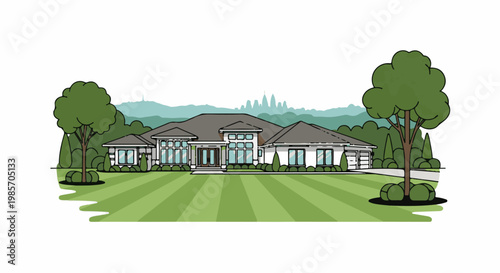 A modern ranch-style home with a large lawn and mature trees in front