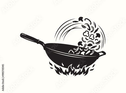 Minimalist black graphic for illustrative purposes in food allergy awareness guides highlighting stir fry as a common meal preparation method