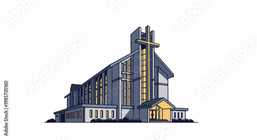 A modern-style church with tall windows and a prominent cross