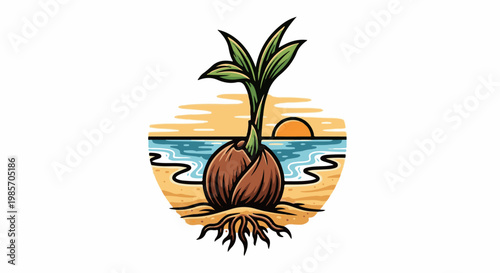 A growing coconut sprouts on a beach with the ocean and sunset in the background
