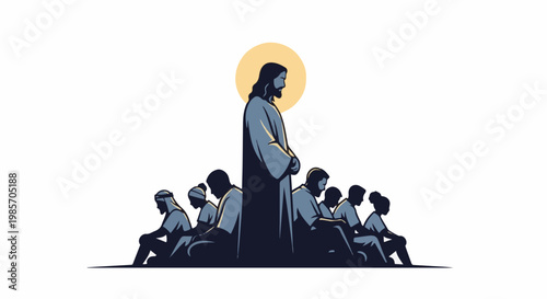 A figure with a halo stands above a seated group