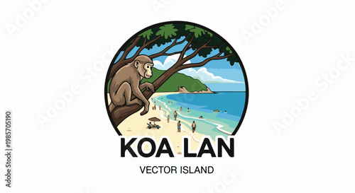 A monkey observes a tropical beach scene with people enjoying the water and sand