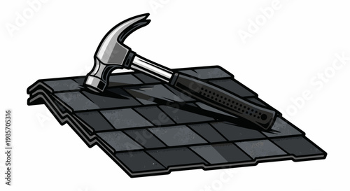 A hammer rests on layered asphalt roofing shingles, suggesting repair or construction