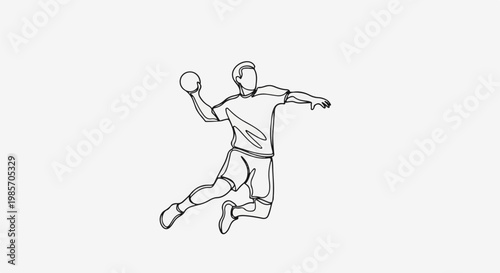 A minimalist line drawing depicts an athlete in mid-air, throwing a ball
