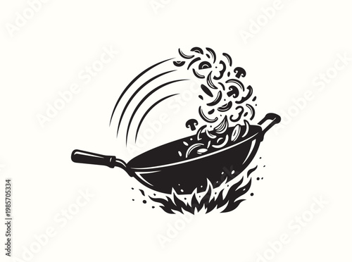 Isolated black outline of a wok with motion lines and fire for clean graphic design in asian themed restaurant branding and promotional materials