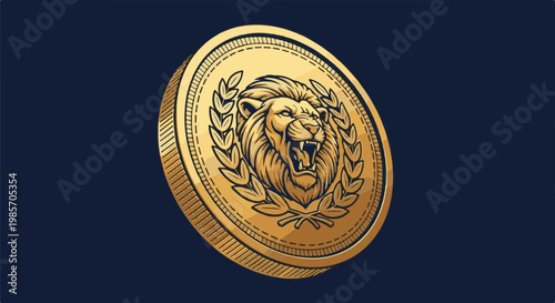 A golden coin featuring a roaring lion's head within a laurel wreath