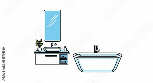 A minimalist line drawing of a bathroom vanity with sink and mirror, and a separate tub