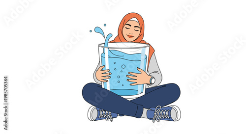 Young woman wearing a hijab sitting cross legged and embracing a large glass of refreshing water to promote daily hydration.