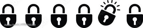lock and unlock icon set featuring security symbols in simple outline style for privacy protection and access control design