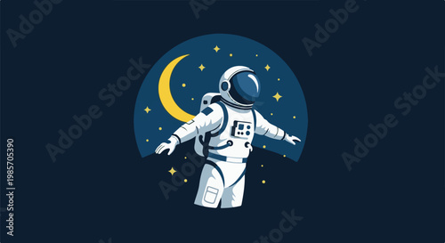 A lone astronaut floats amidst a starry expanse with a crescent moon