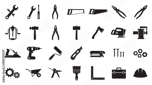 Tools icon set with wrenches, pliers, saws, drill, hammer, screwdriver, measuring tape, and toolbox silhouettes in black