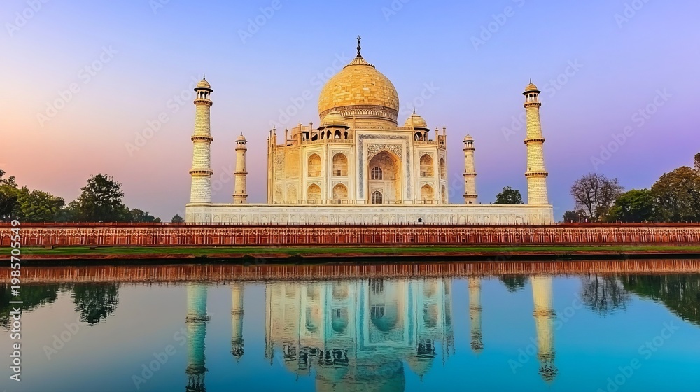 Fototapeta premium A Breathtaking Sunset Over the Taj Mahal in Agra, India, Highlighting Its Architectural Splendor