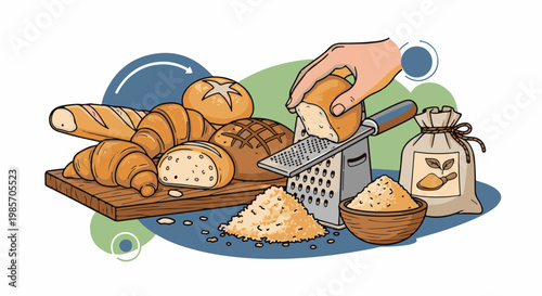 A hand grates bread over a pile of crumbs and ingredients