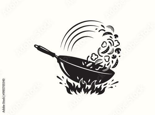 Black silhouette representation of a wok in action for educational materials on traditional chinese cooking methods and restaurant operations management