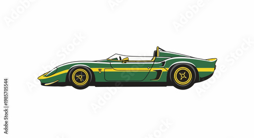 A green and yellow vintage race car, depicted in profile against a white background