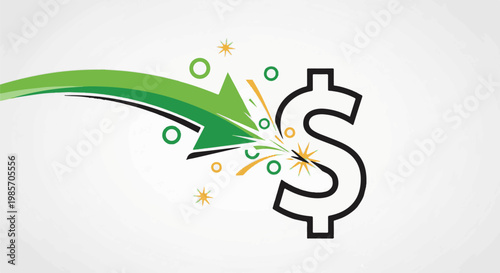 A green arrow hits a dollar sign with sparks and circles, symbolizing financial impact